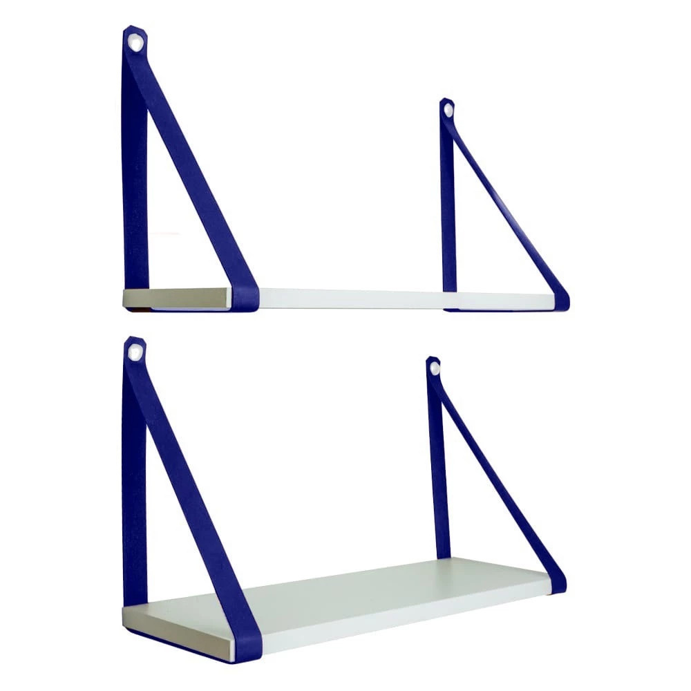 Kit 2 prateleiras branca com alça de couro ecológica azul 45x15