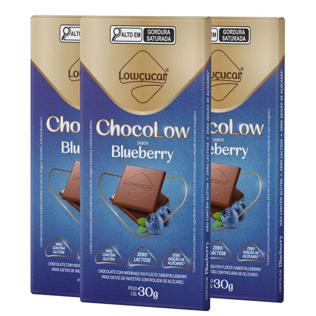Kit com 3 Unidades de Chocolate Chocolow sabor Blueberry Zero Lactose 30G