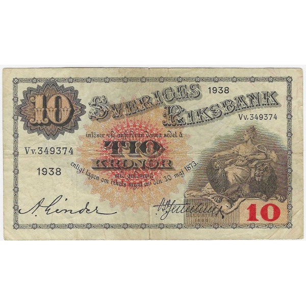 Cédula Suécia 10 Kronor 1938 - P#34 - MBC/SOB