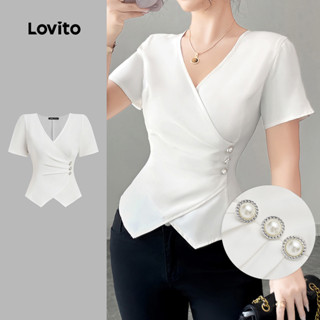 Lovito Blusa Casual com Amarração e Fivela Metálica Primavera/verão Off White para Mulheres L178ED284 em Oferta na Shopee