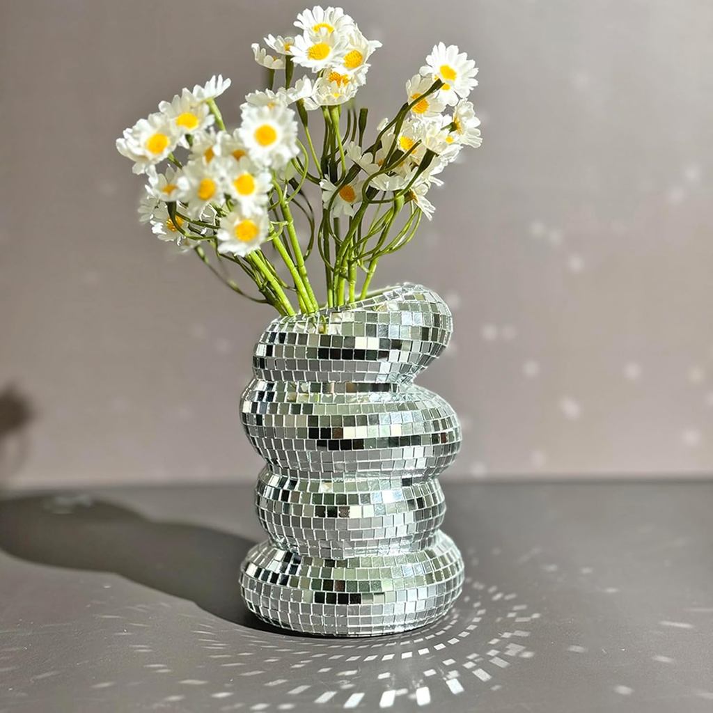 Vaso Espiral Bola de Discoteca, Vaso de Vidro Único com Efeito de Azulejos, Vaso Espelhado Prateado para Decoração de Me