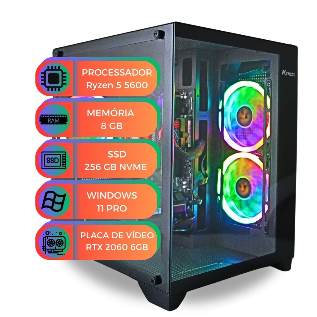 PC Gamer Com Placa de Vídeo RTX2060 6GB Processador Ryzen 5 5600 Ram 8GB SSD 256