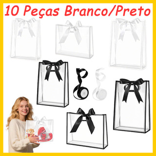 10 peças de sacola transparente com laço, sacola de presente com fita, sacola de presente de PVC artesanal DIY