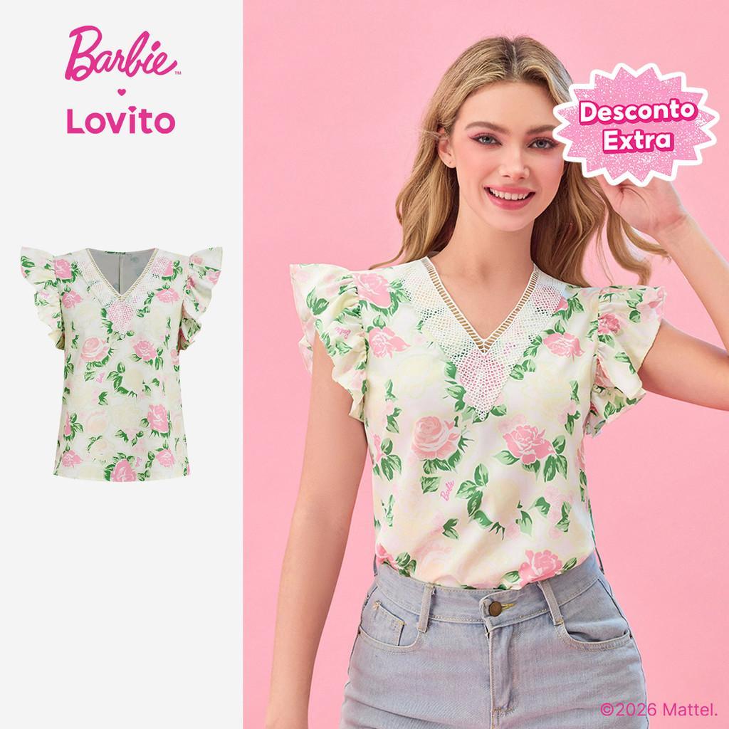 (New arrival) Barbie™ X Lovito Blusa Casual Babados no Pescoço e Estilo Babado para Mulheres Primavera/Verão BLBL2PAD022