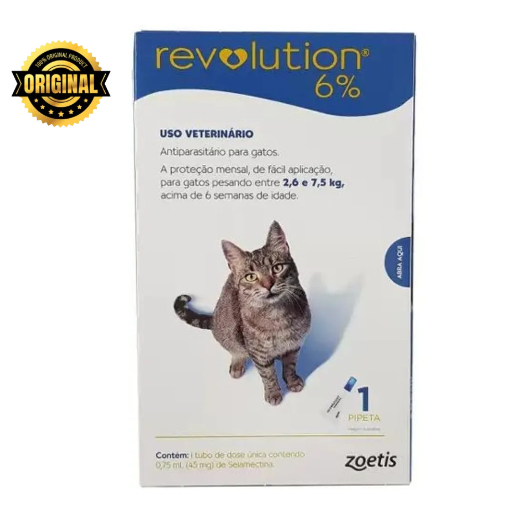 Revolution Gatos 6% 2,6 ate 7,5kg 0,75ml Antipulgas, Vermes, Sarnas, Piolhos, Proteje a ninhada, Carrapatos, Dermatite