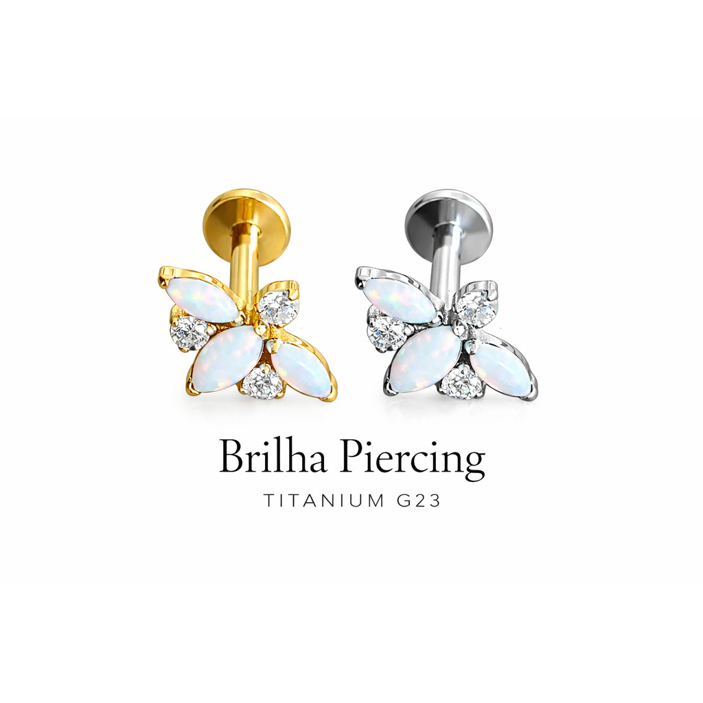 【Brilha】Piercing Labret Opala Navete Flor Zircônia Titânio G23 Feminino Delicado Elegante Brilho Iridescente