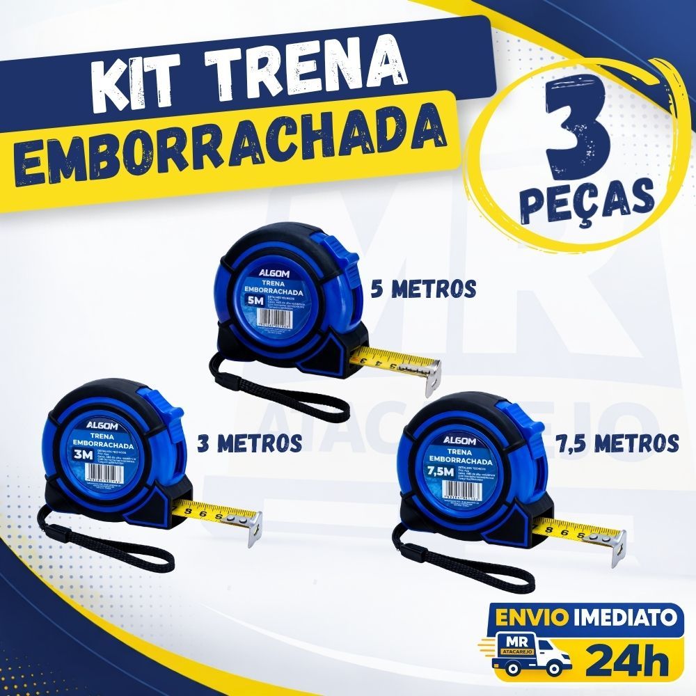 Kit Trena Ferramentas de Pedreiro Trena 3 Metros Trena 5 Metros e Trena 7 Metros Profissional 3pc