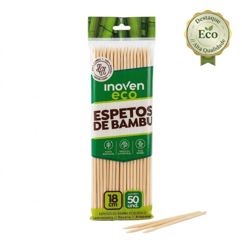 Espetos de Bambu 18cm Kit com 50 Unidades Inoven Eco para Churrasco Petiscos e Aperitivos