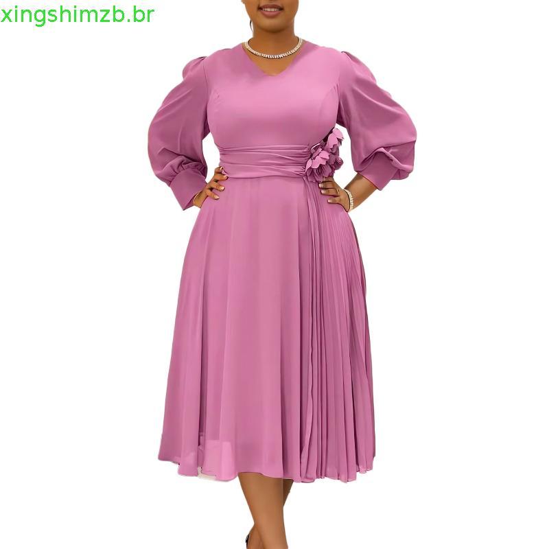 Novo vestido feminino estilo europeu americano elegante cor sólida saia evasê vestido vestido plus size roupa feminina