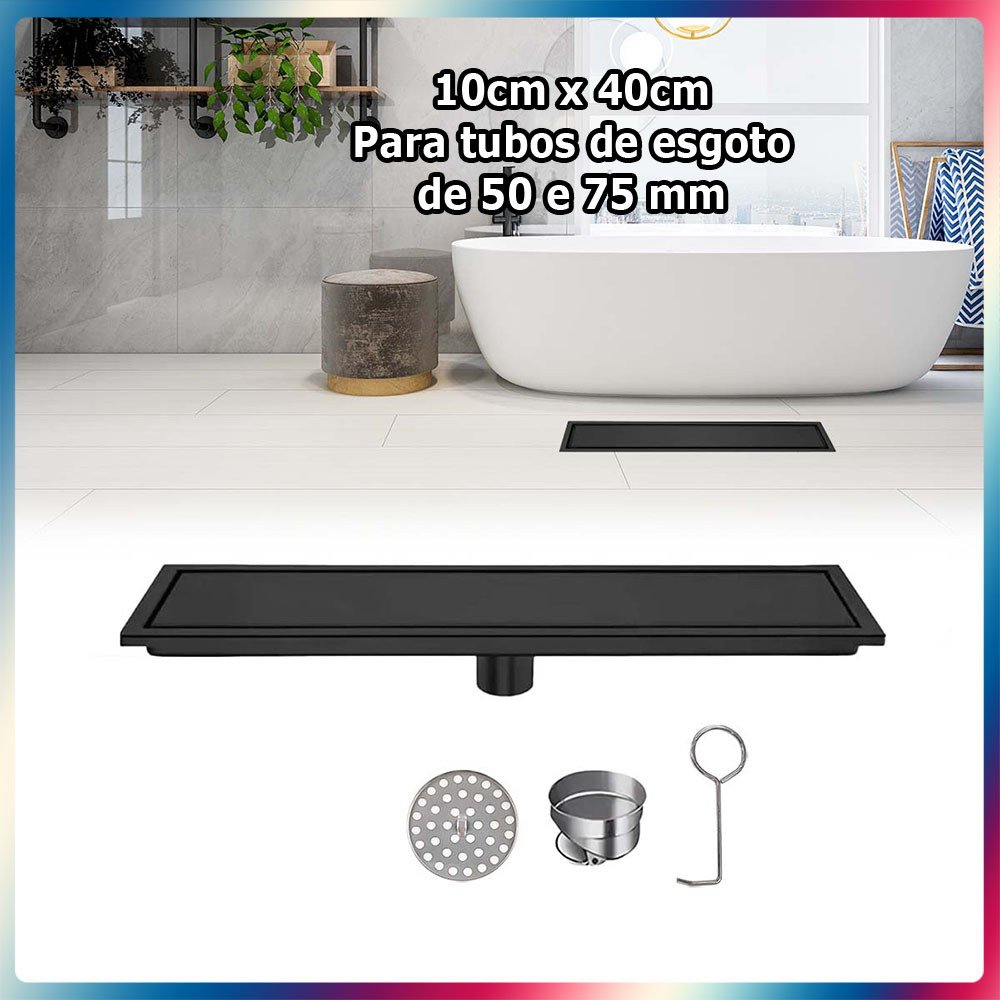 10x40cm Ralo linear para chuveiro ralo de aço inoxidável ralo embutido para chuveiro com tela filtrante Preto