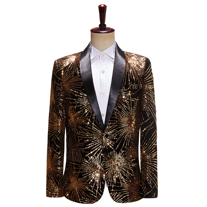 Homens fino-ajuste preto branco cerimonial flor lantejoulas vestido único ocidental Bar boate palco desempenho terno anf