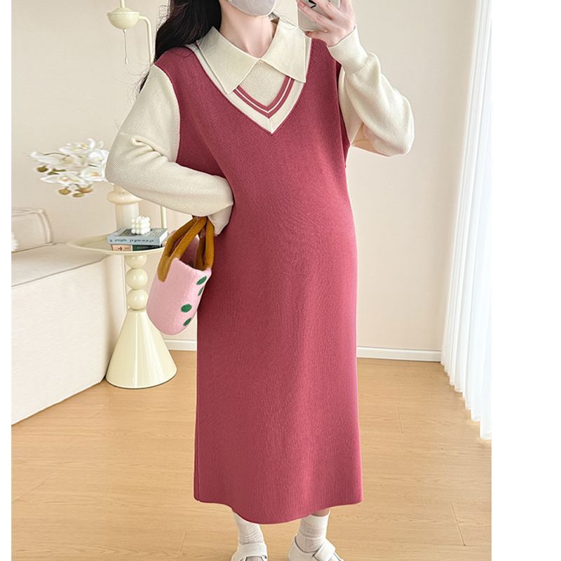 Saia longa de alta qualidade 2025 vestido feminino de duas peças pele falsa rosa malha codfashion novo estilo primavera 