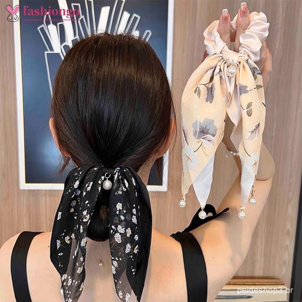 FASHIONGO 4 Pçs/set Floral Bowknot Streamer Faixa De Cabelo Temperamental Pérola Pingente Laço Borracha Altamente Elásti