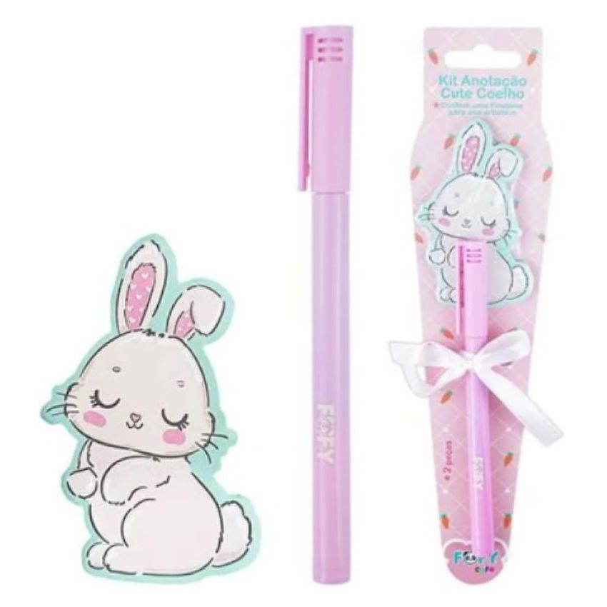 Kit Anotação Cute Coelho Caneta Fineliner + Bloco Adesivo Fofy