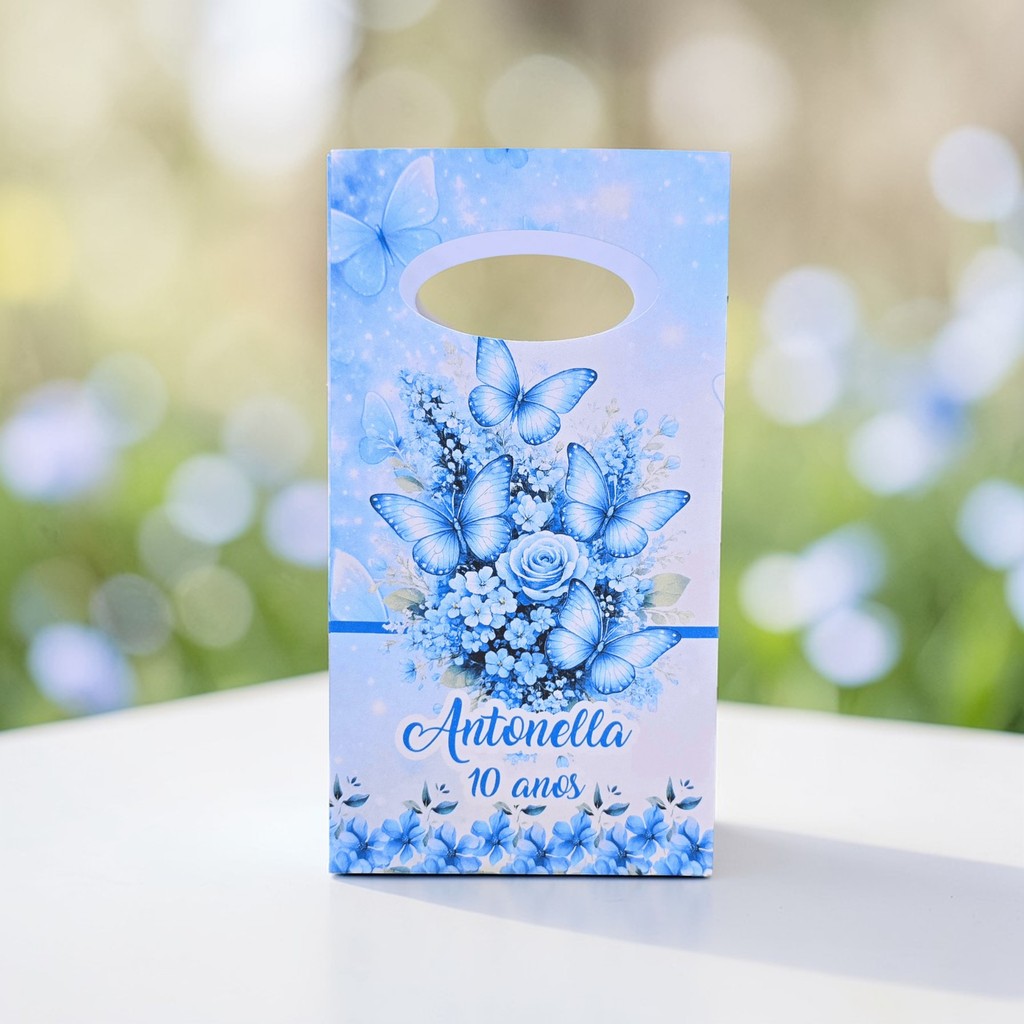 PEGUE E MONTE - Sacolinha Surpresa Personalizada Jardim de BORBOLETAS AZUL - Lembrancinha para festa