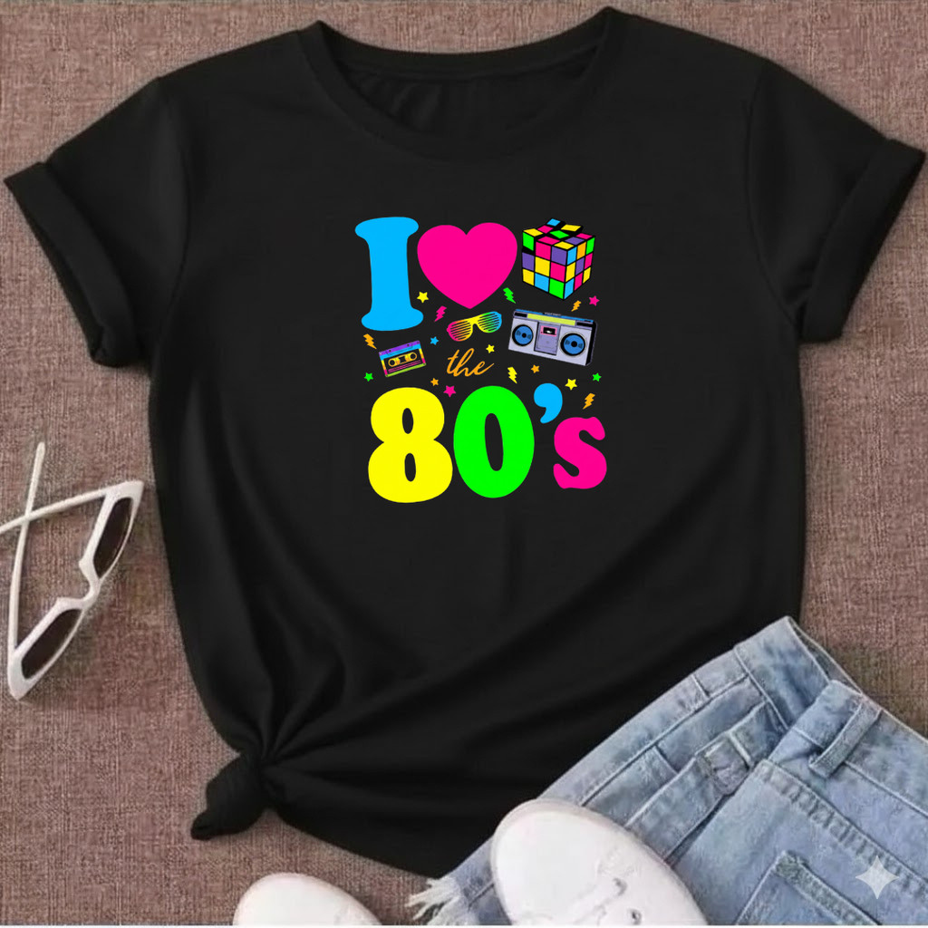 Linda Camiseta Feminina Estampada i Love 80s Anos 80 Moda Carnaval Algodão Lançamento Premium