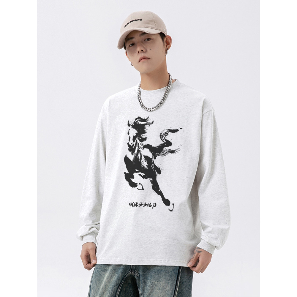 WASSUP Wanli Pentium Ano do Cavalo Camiseta de manga comprida masculina outono solto Casual casal em torno do pescoço ca