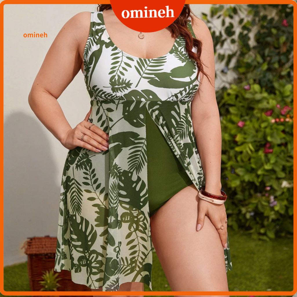 Biquíni Feminino De Uma Peça , Slim Fit , Monokini , Plus Size , Verão , Gola Em U , Com Estampa De Planta , Controle De Barriga , Divisão