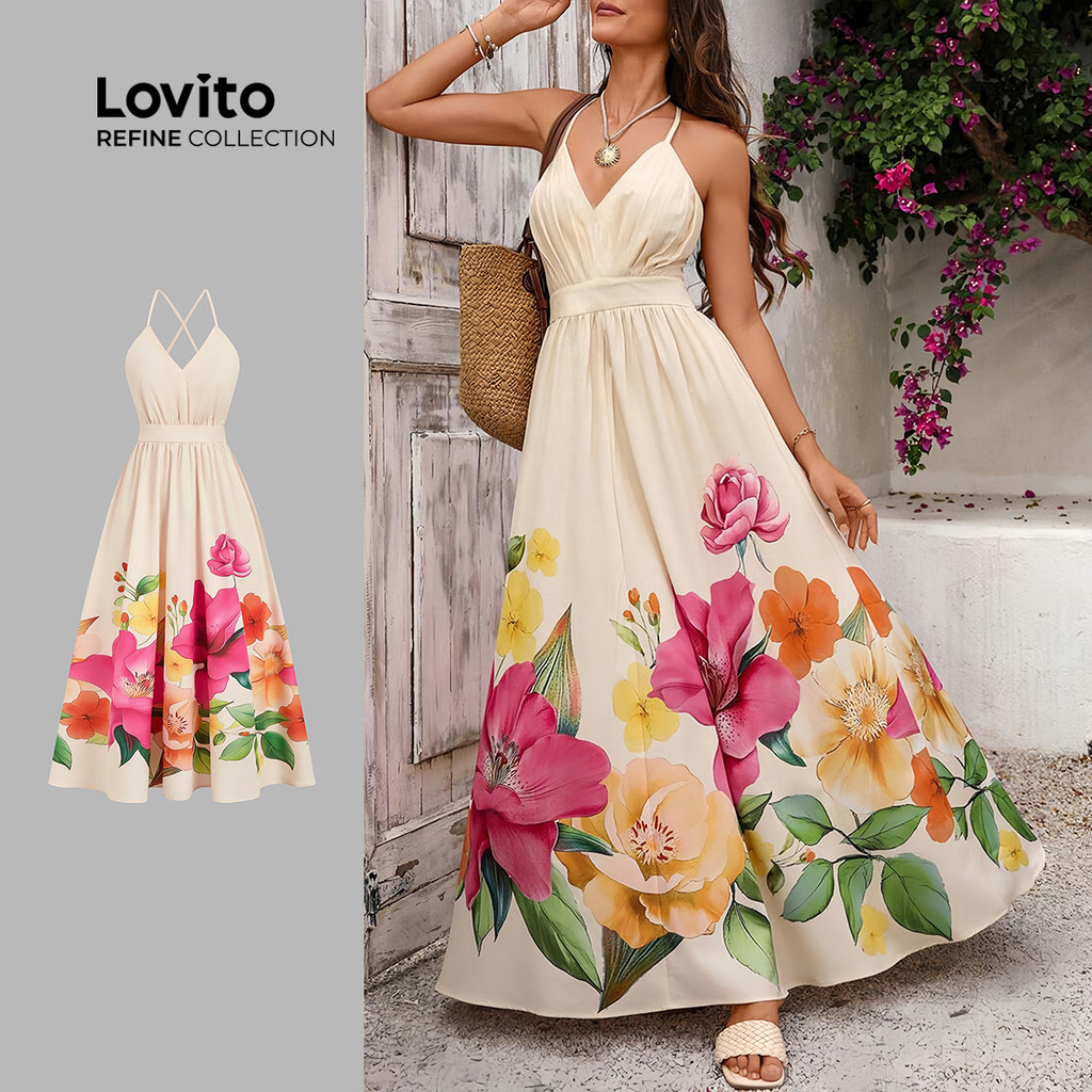 (Lovito Refine)  Vestido Boho com Zíper Vestido Sem Costas para Primavera/verão para Mulheres LR29L038 em Oferta na Shopee