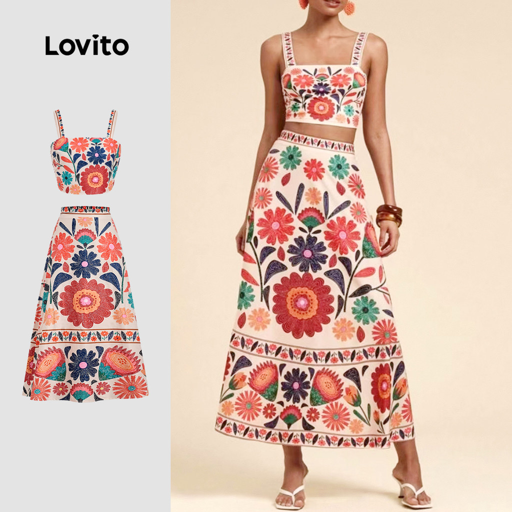 Lovito Conjunto De Verão Boho Estampado Novo Carnavalesco Tops Ou Calças Franzidos Primavera/verão Mulheres LBL32015