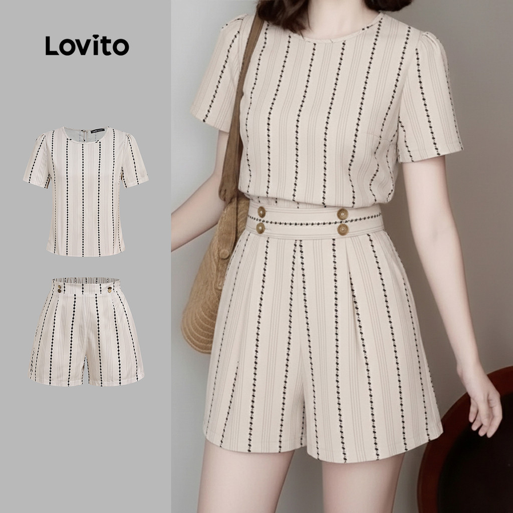 Lovito  Conjuntos de Shorts Casuais Botão Primavera/verão Conjuntos de Shorts Cáqui para Mulheres L171ED408