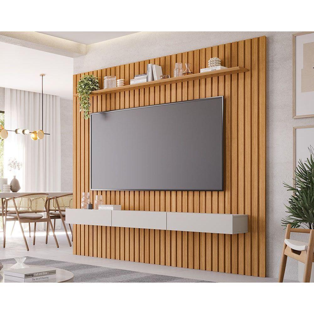 Rack Bancada c/ Painel p/ TV até 75 Pol Maragogi Ripado 1 Porta e 2 Gavetas 230x220cm Nature/Off White - Permóbili em Oferta na Shopee