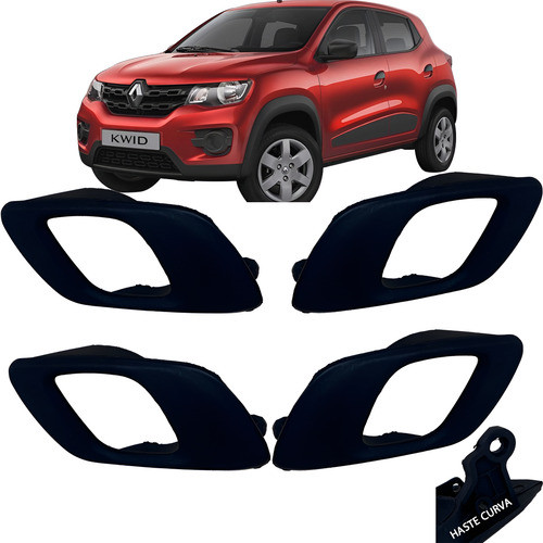 Kit 4 Maçanetas Puxador Interno Haste Curva Porta Kwid Preto Preto Com Embalagem Adicional