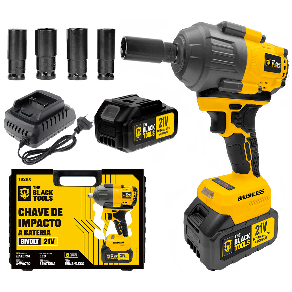 Chave De Impacto Parafusadeira Sem Fio Com 1 Bateria 21v Bivolt Com Encaixe De 1/2" The Black Tools em Oferta na Shopee