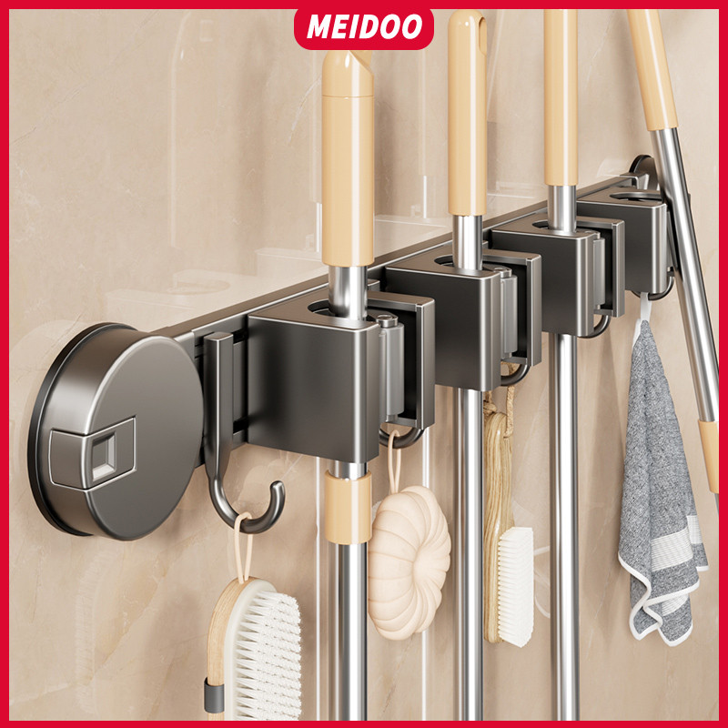 MEIDOO Suporte para vassoura, suporte antiderrapante para esfregão com ganchos ，Instalação sem furos