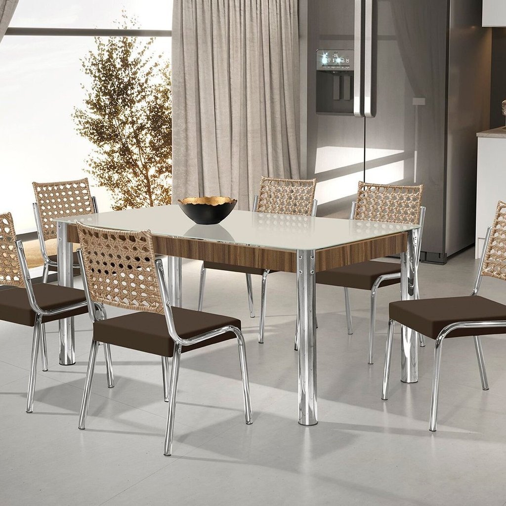 Conjunto Sala de Jantar Mesa Retangular com 6 Cadeiras Natani Yescasa Cromado/Marrom/Bege Cromado/Marrom/Bege
