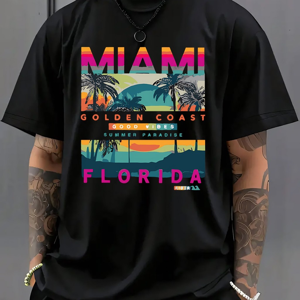 Camiseta Streetwear Miami Tropical Palmeiras Sunset Praia Verão Estampado Estiloso Confortável Casual