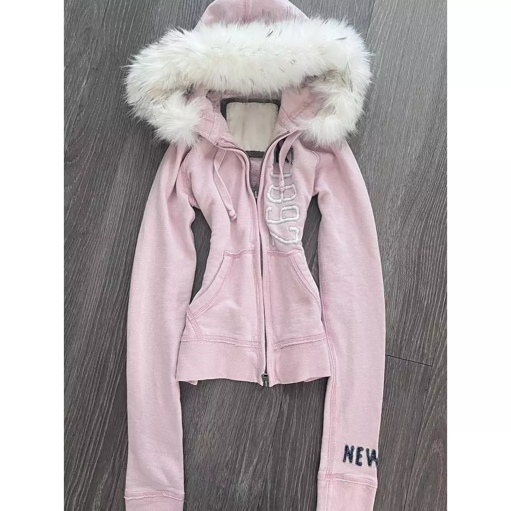 Mulheres Vintage Rosa Wasit Emagrecimento Hoodies Y2K Velo Zíper Cardigan — imagem 1