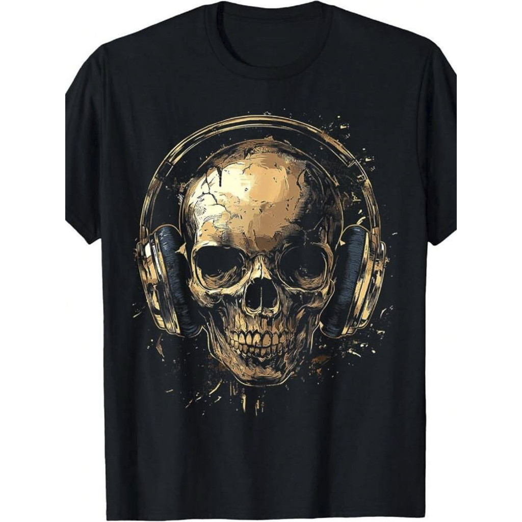 Camiseta Masculina Golden Skull Headphones Graphic Music Lover DJ Gift Confortável Estilosa Moderna Casual