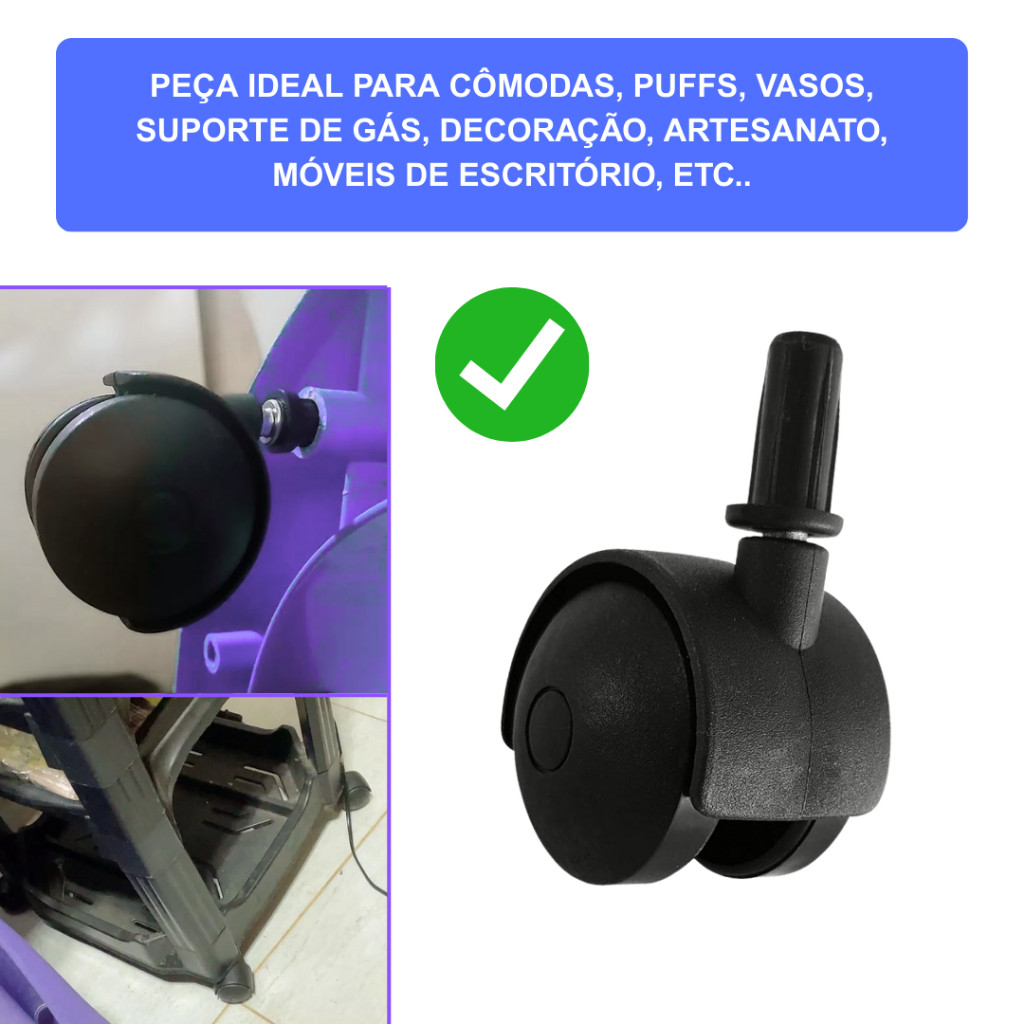 Kit com 4 Rodinhas giratórias rodizio 40mm Pino 6mm preto para Móveis