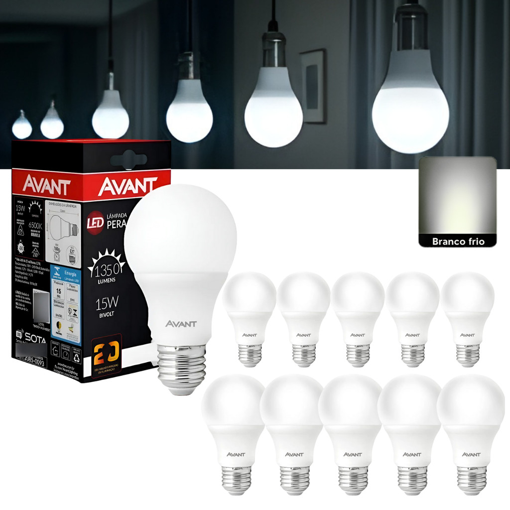 Kit 10 Lâmpadas Led Bulbo 15w E27 Bivolt Cor da luz Branco Frio 6500k - Avant em Oferta na Shopee