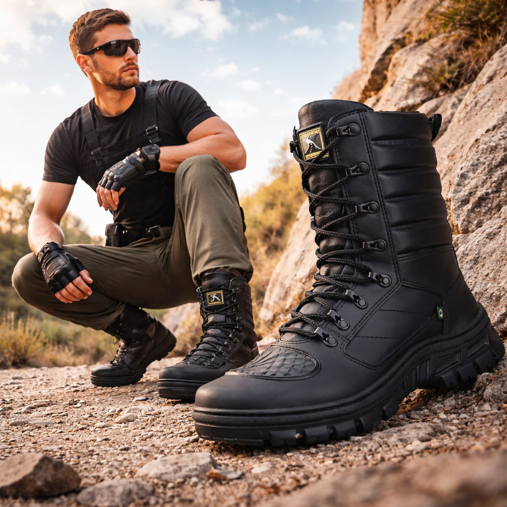 Coturno Tático Militar Masculino Cano Alto Com Zíper Lateral Antiderrapante Resistente