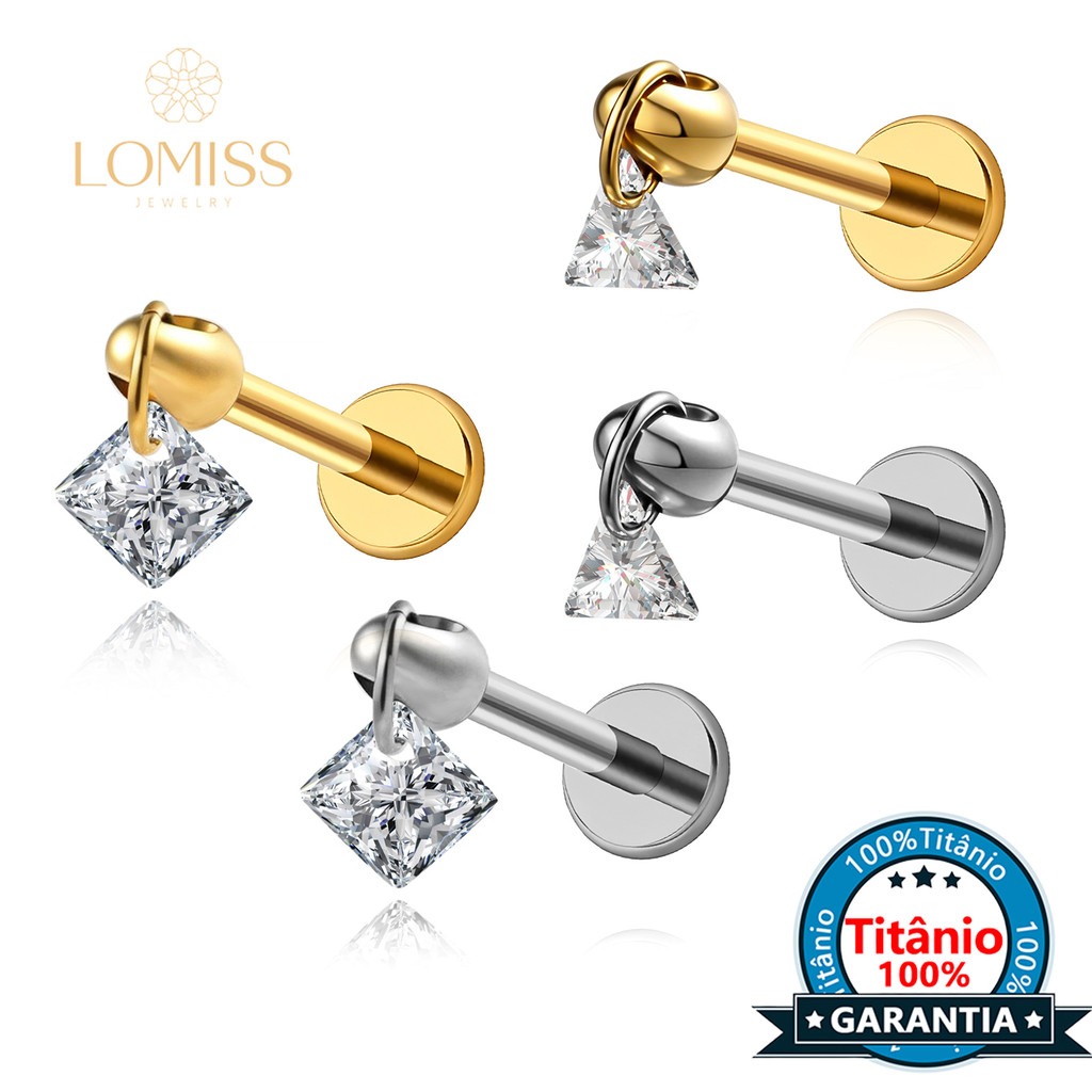 Piercing Orelha Nariz Boca Labret Daith Helix Tragus Conch Titânio Cravejado Zircônia com Pingente - Brincos