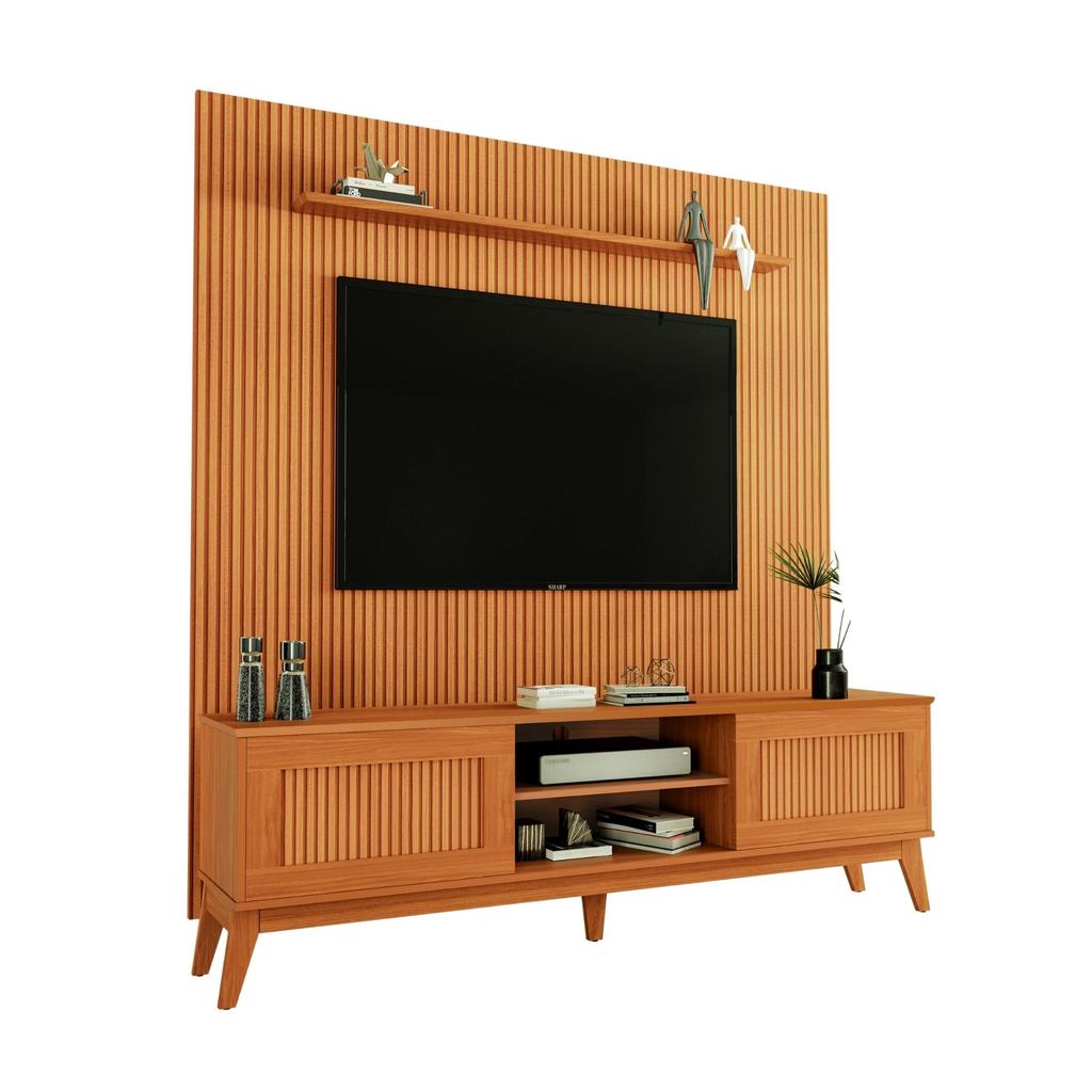 Rack Bancada King Com Painel Para TV Até 75 Polegadas 1,80m Egeo Cedro Ripado Impressão 3D EDN em Oferta na Shopee