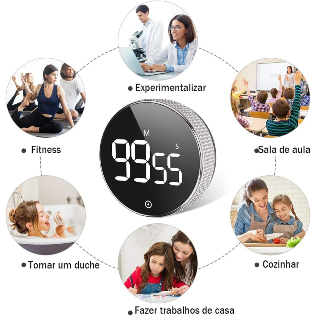 Cronômetro Digital Magnético Cozinha Academia: Timer Regressivo Rotatório C/ Alarme Sonoro Forte E D