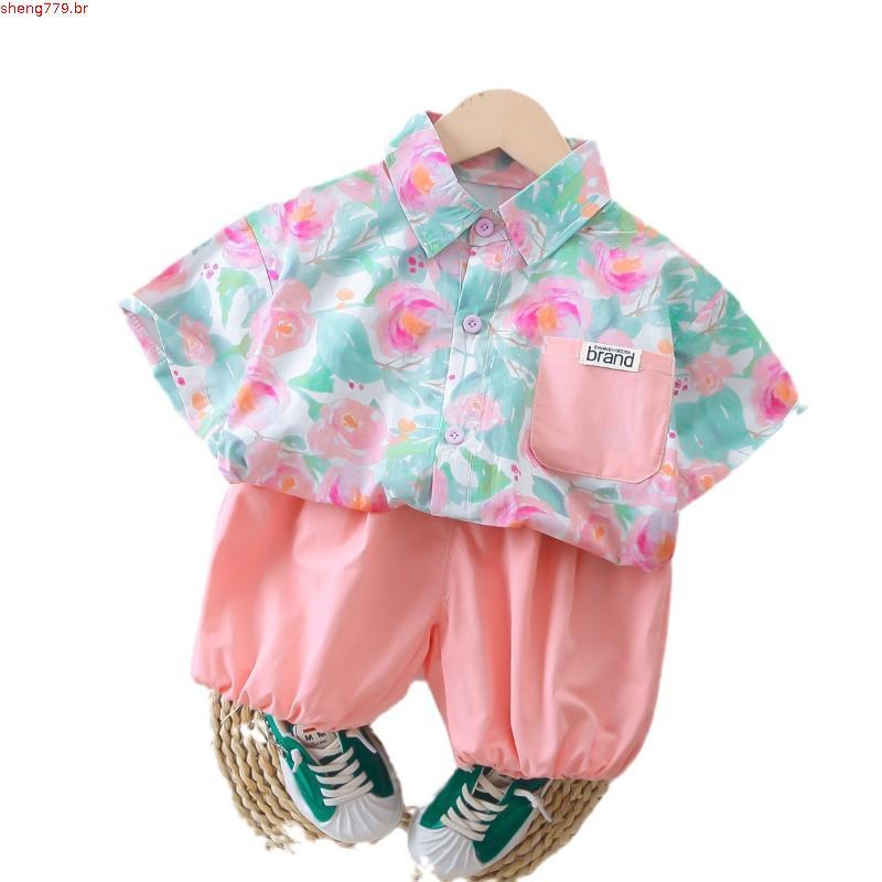 Roupas De Praia Para Crianças Conjunto De Bebês Toddler Baby Boys Summer Cotton Floral Csa De Manga Curta + Shorts Suit