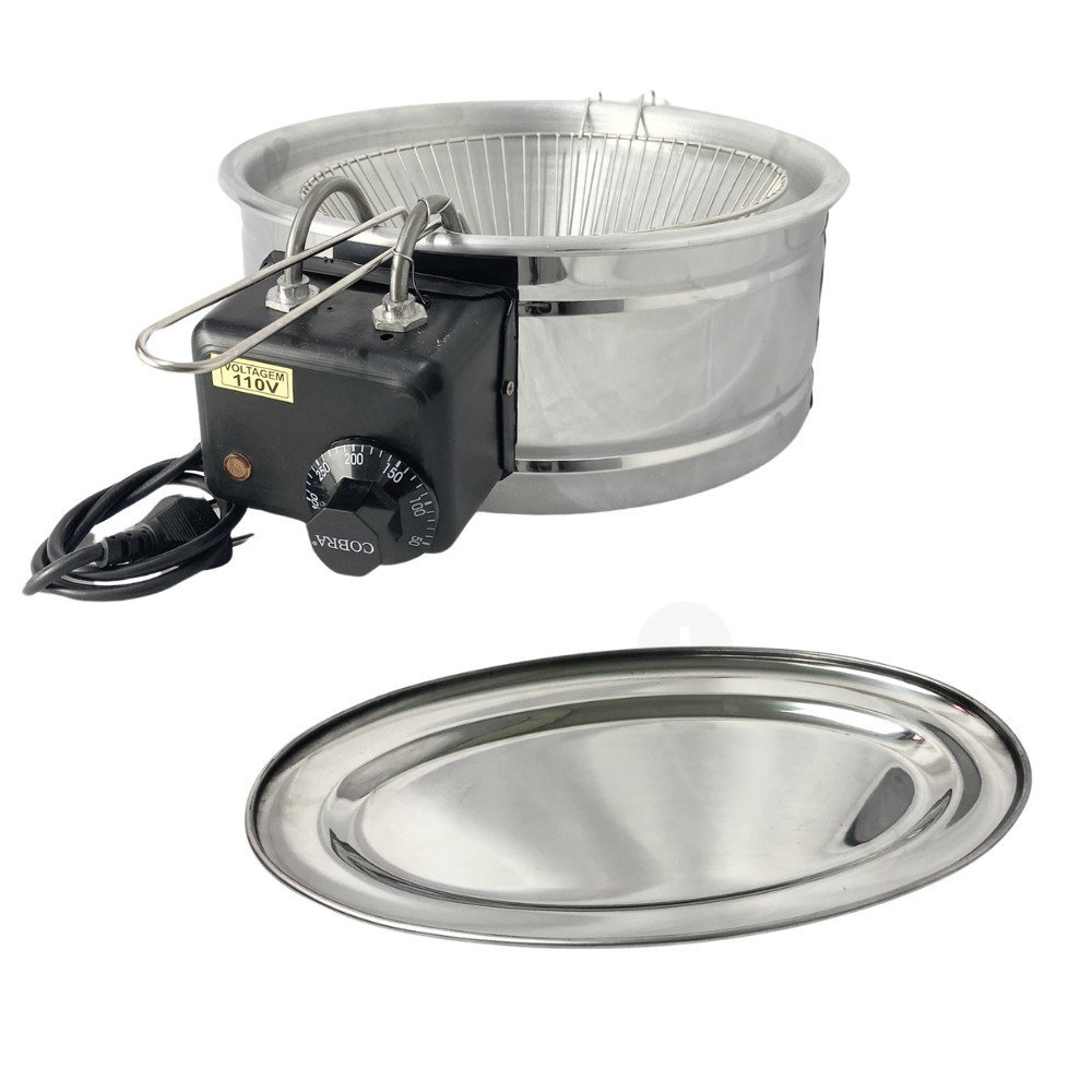 Fritadeira Redonda Inox Tacho 5 Litros Com Travessa Inox Bandeja Prato Restaurante Porções