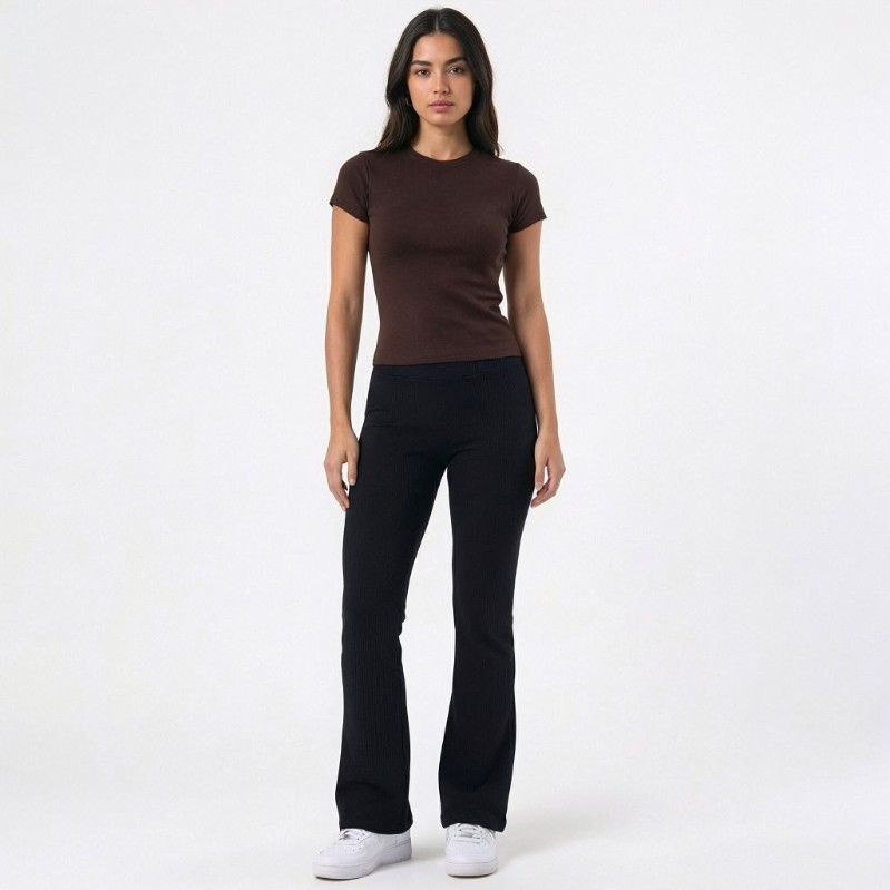 Calça Preta Canelada Feminina Confortável Elasticidade Alta