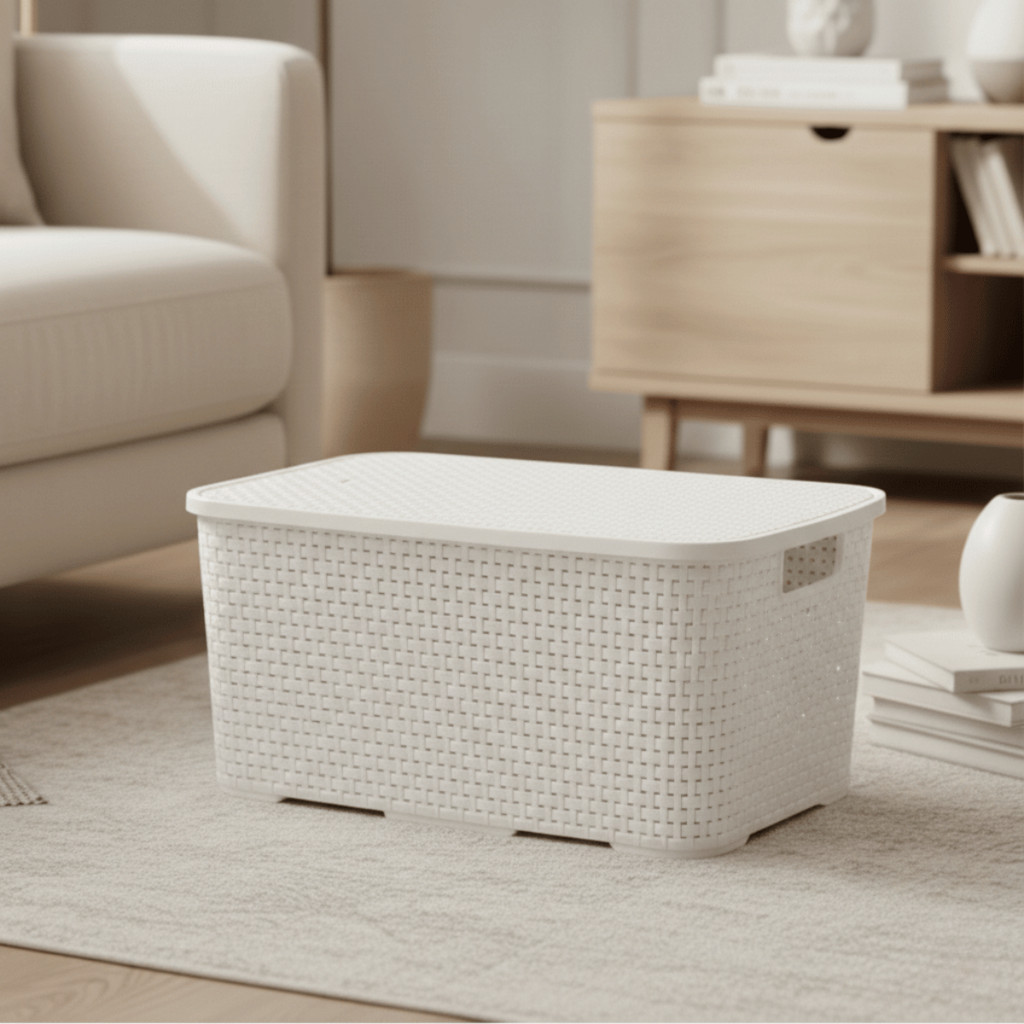 Caixa Organizadora Rattan 20L Branco Tampa Trava - ARQPLAST / Cesto Container Plástico 20 Litros