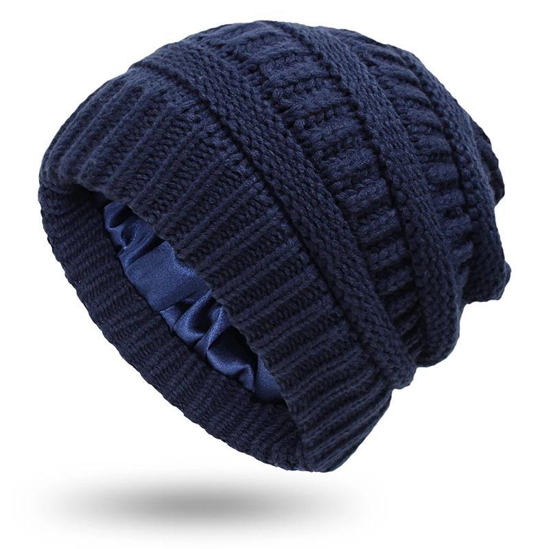 Gorro De Lã De Malha De Inverno Para Mulheres , Grosso Forrado De Cetim De Seda , Cabo Elástico Macio , Chapéu Esportivo