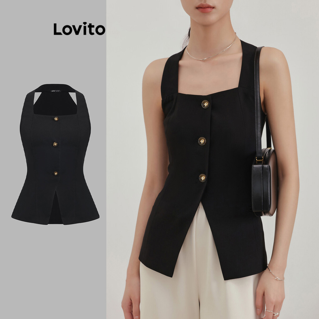 Lovito Regata Elegante Com Botão Liso E Regata Frontal Para Mulheres L105MD555 em Oferta na Shopee