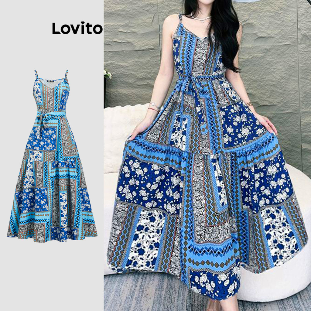 Lovito Vestido Casual Estampado Tribal Verão/Primavera Vestido Com Cinto Para Mulheres L109MD678