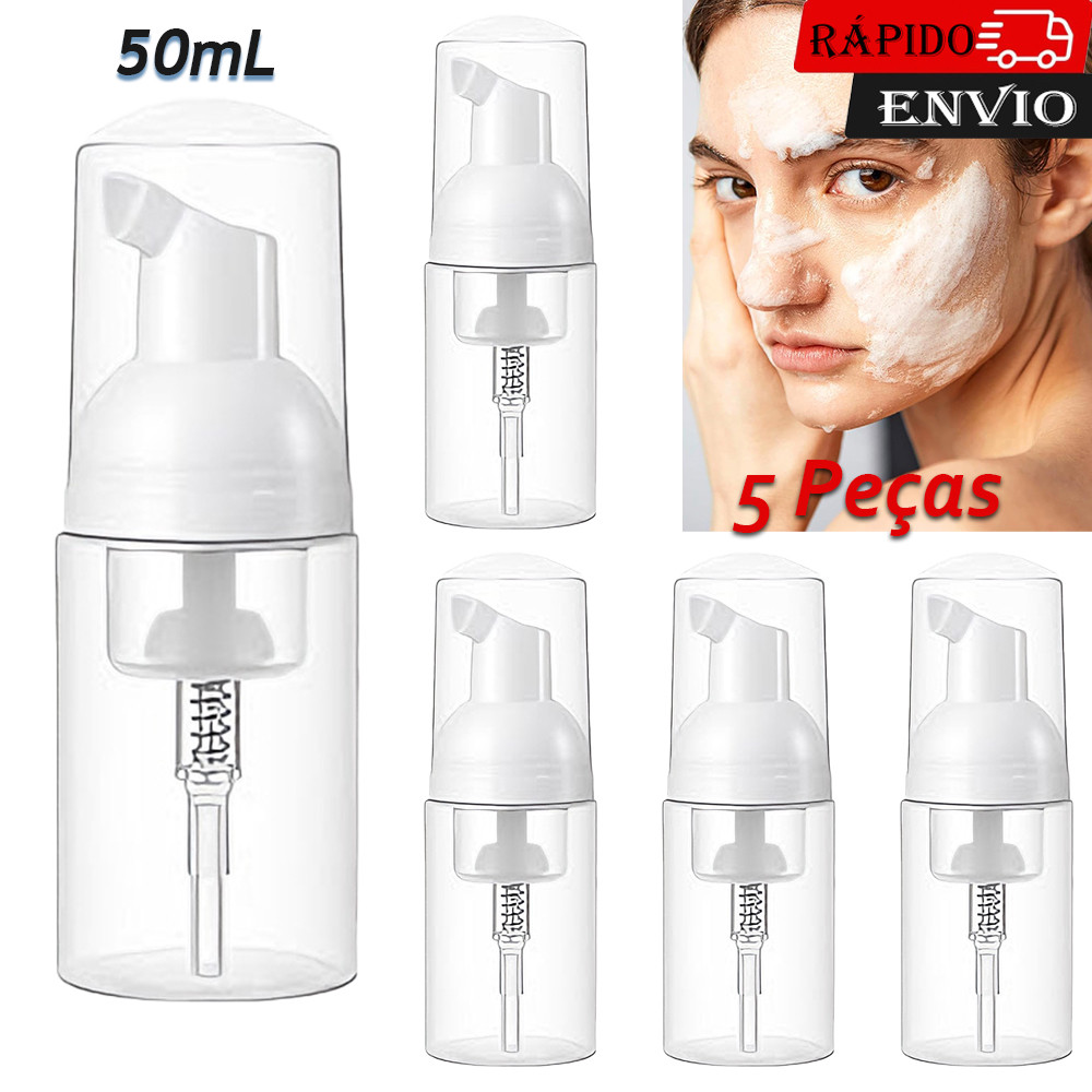 5 Frasco Dispensador 50ml com Bombinha Pump Garrafa Plástica Recarregável para Sabão Limpeza Facial e Higiene Diária