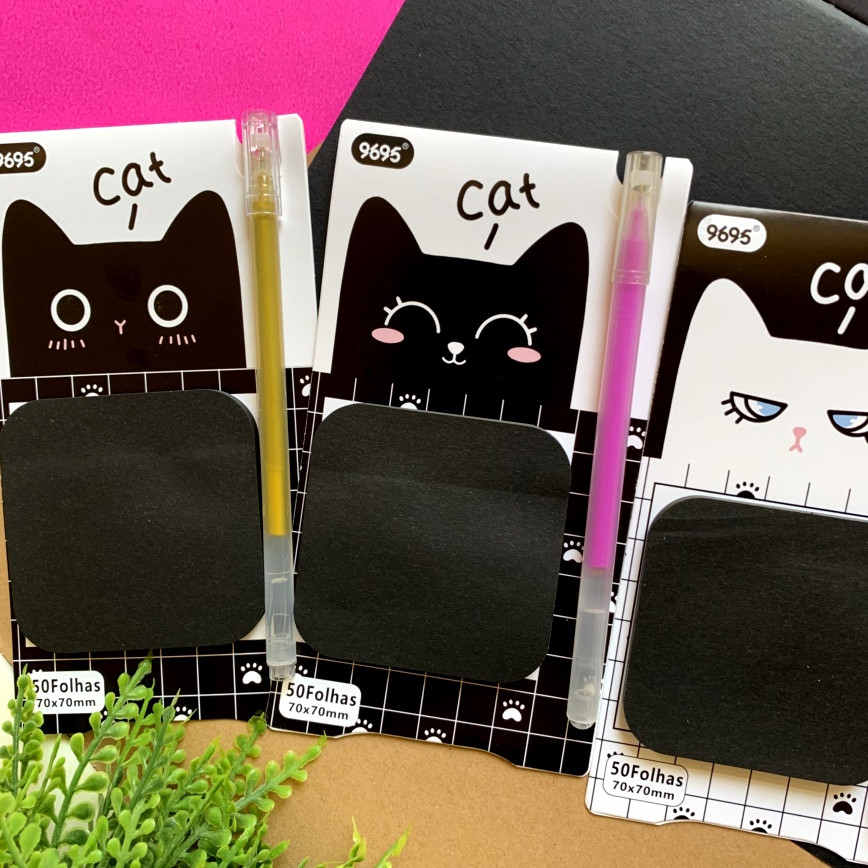 Bloco de Anotação Preto Autocolante Gatinho com Uma Caneta / WX Gift