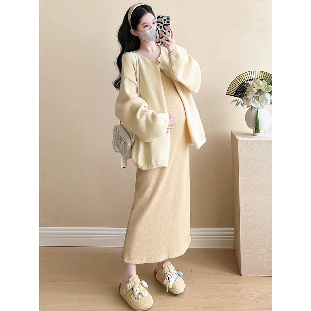 Vestido de maternidade outono inverno mãe grávida Premium usar camisola Cardigan alça de duas peças saia outono inverno 