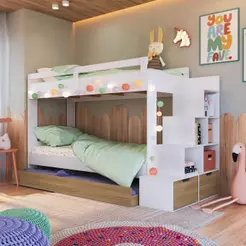 Cama Treliche Infantil 188x78cm com Escada com Nichos Grade de Proteção e Gavetas Branco com Aveiro